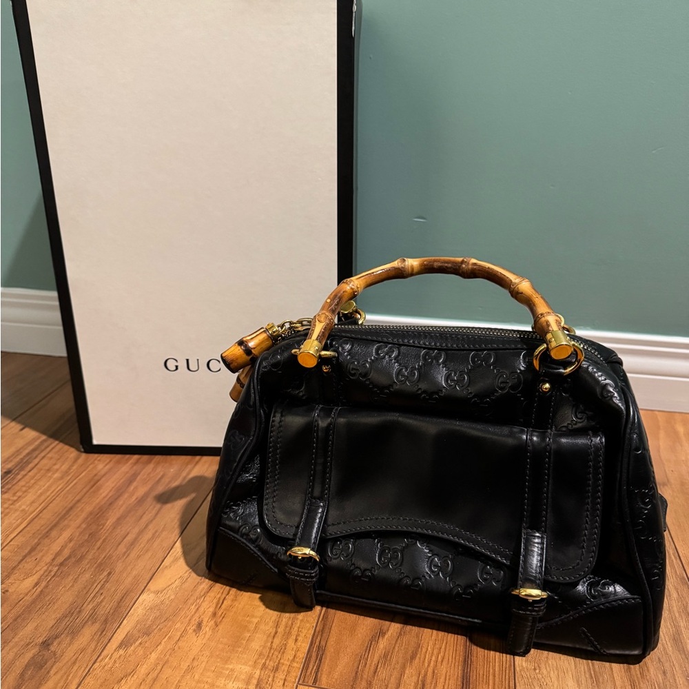 Auth Gucci bamboo leather Guccissima monogram Boston flap pocket handbag vintage